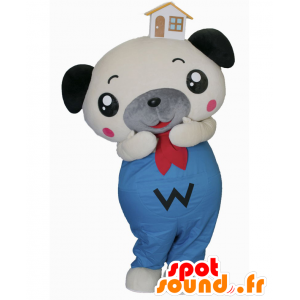 Hvit hund maskot, grå og blå med et hus på hodet - MASFR27151 - Yuru-Chara japanske Mascots