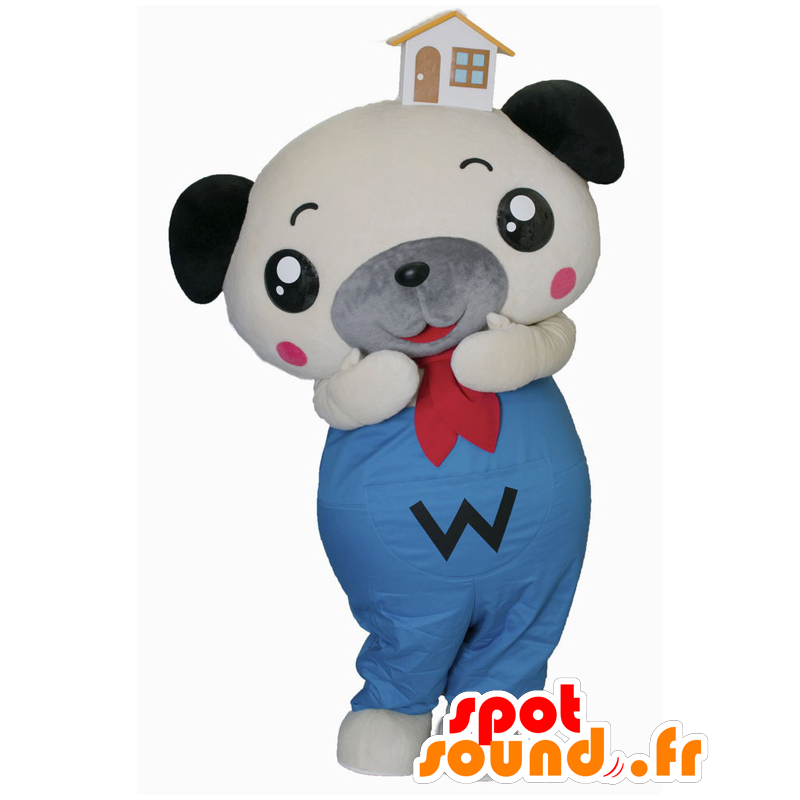頭に家がある白、灰色、青の犬のマスコット-MASFR27151-日本のゆるキャラのマスコット
