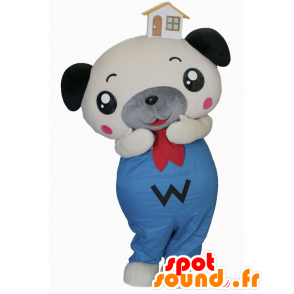 頭に家がある白、灰色、青の犬のマスコット-MASFR27151-日本のゆるキャラのマスコット