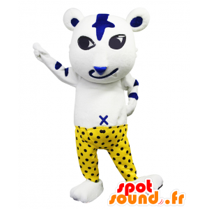 Mascotte d'Antora, tigre blanc et bleu, avec un pantalon à pois - MASFR27153 - Mascottes Yuru-Chara Japonaises