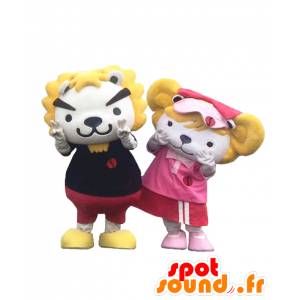 Maskoter Gaou Runde og Sandy, to hvite og gule løver - MASFR27156 - Yuru-Chara japanske Mascots