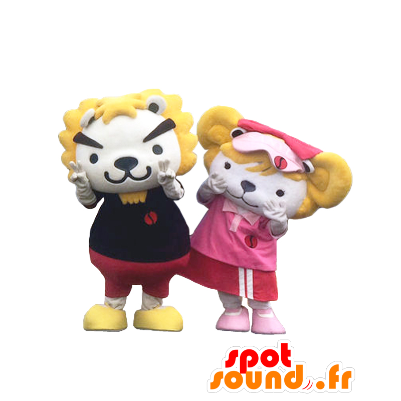 Mascots Gaou Round and Sandy, two white and yellow lions - MASFR27156 - Yuru-Chara Japanese mascots