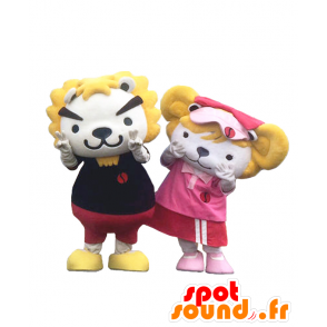 Mascottes Gaou Ronde en Sandy, twee witte en gele leeuwen - MASFR27156 - Yuru-Chara Japanse Mascottes