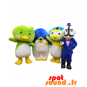 4 mascottes, 3 kleurrijke vogels en een man in een blauw pak - MASFR27159 - Yuru-Chara Japanse Mascottes