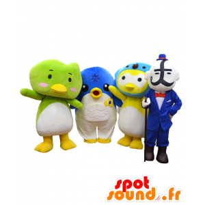 4 maskoter, 3 fargerike fugler og en mann i en blå dress - MASFR27159 - Yuru-Chara japanske Mascots