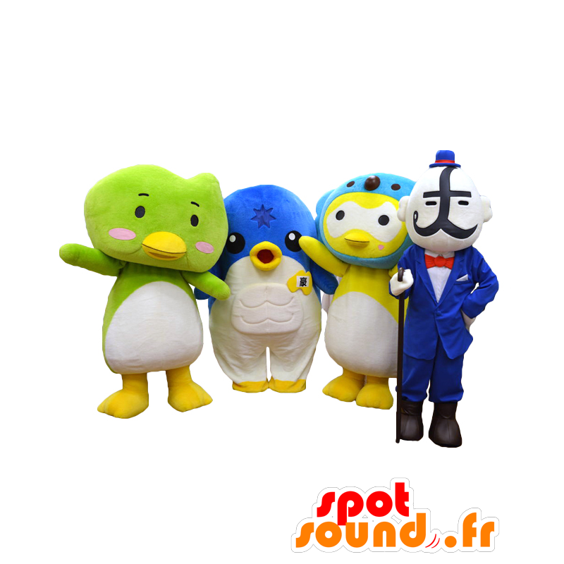 4 mascots, 3 colorful birds and a man in blue suit - MASFR27159 - Yuru-Chara Japanese mascots