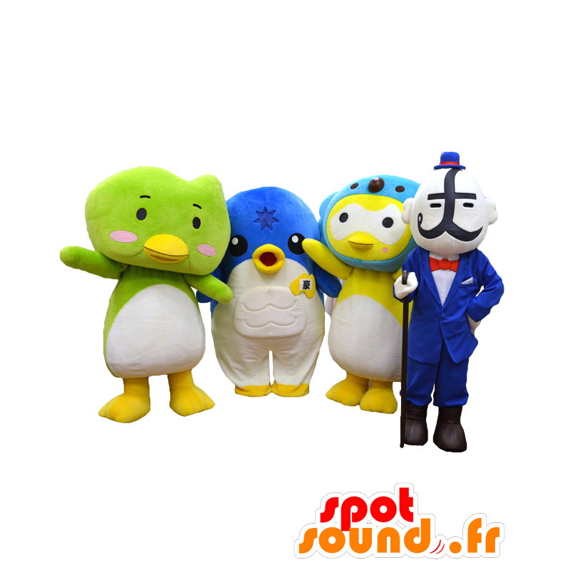 4 maskotteja, 3 värikkäitä lintuja ja mies sininen puku - MASFR27159 - Mascottes Yuru-Chara Japonaises