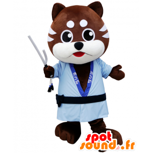 Mascotte de chien marron et blanc avec un kimono bleu - MASFR27162 - Mascottes Yuru-Chara Japonaises