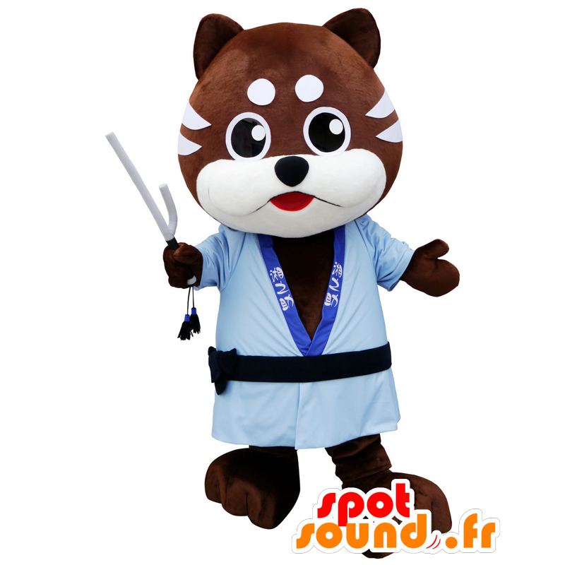 Mascotte de chien marron et blanc avec un kimono bleu - MASFR27162 - Mascottes Yuru-Chara Japonaises