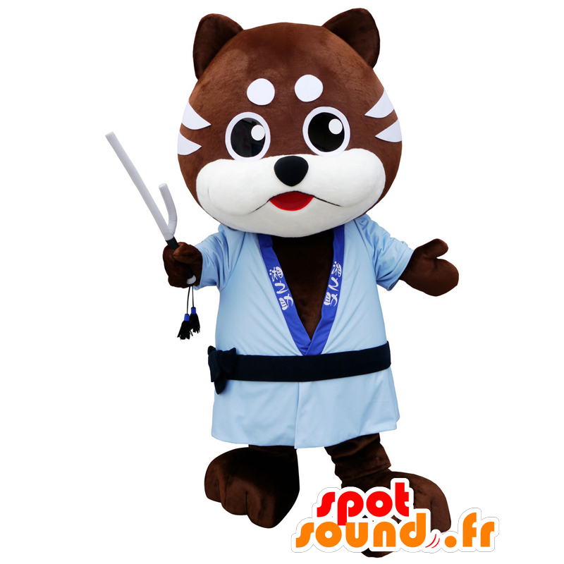 Bruine en witte hond mascotte met een blauwe kimono - MASFR27162 - Yuru-Chara Japanse Mascottes