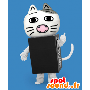 Mascotte de Zozotaun, chat blanc et gris dans une boite noire - MASFR27170 - Mascottes Yuru-Chara Japonaises