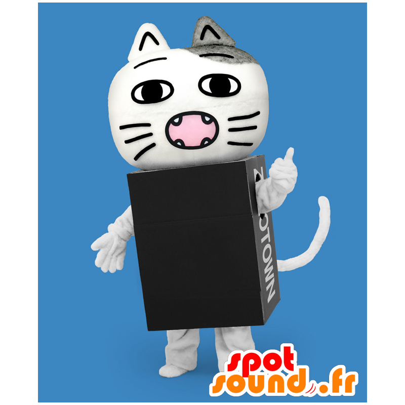Mascotte de Zozotaun, chat blanc et gris dans une boite noire - MASFR27170 - Mascottes Yuru-Chara Japonaises