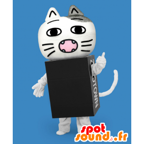 Mascotte de Zozotaun, chat blanc et gris dans une boite noire - MASFR27170 - Mascottes Yuru-Chara Japonaises