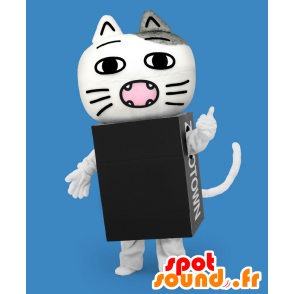 Maskot Zozotaun, bílé a šedé kočka v černé skříňky - MASFR27170 - Yuru-Chara japonské Maskoti