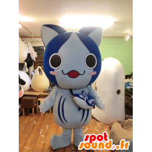 Katsuo Nyanko maskot, blå och vit katt med en fisk - Spotsound