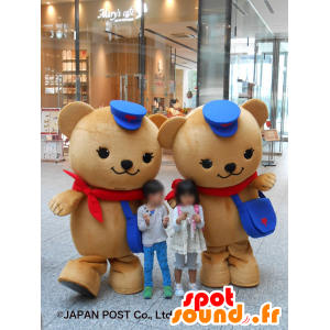 Mascottes de Posukuma, 2 nounours beiges avec des casquettes - MASFR27222 - Mascottes Yuru-Chara Japonaises