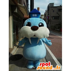 Casa-kun mascotte, trichechi blu e bianco con una casa - MASFR27235 - Yuru-Chara mascotte giapponese