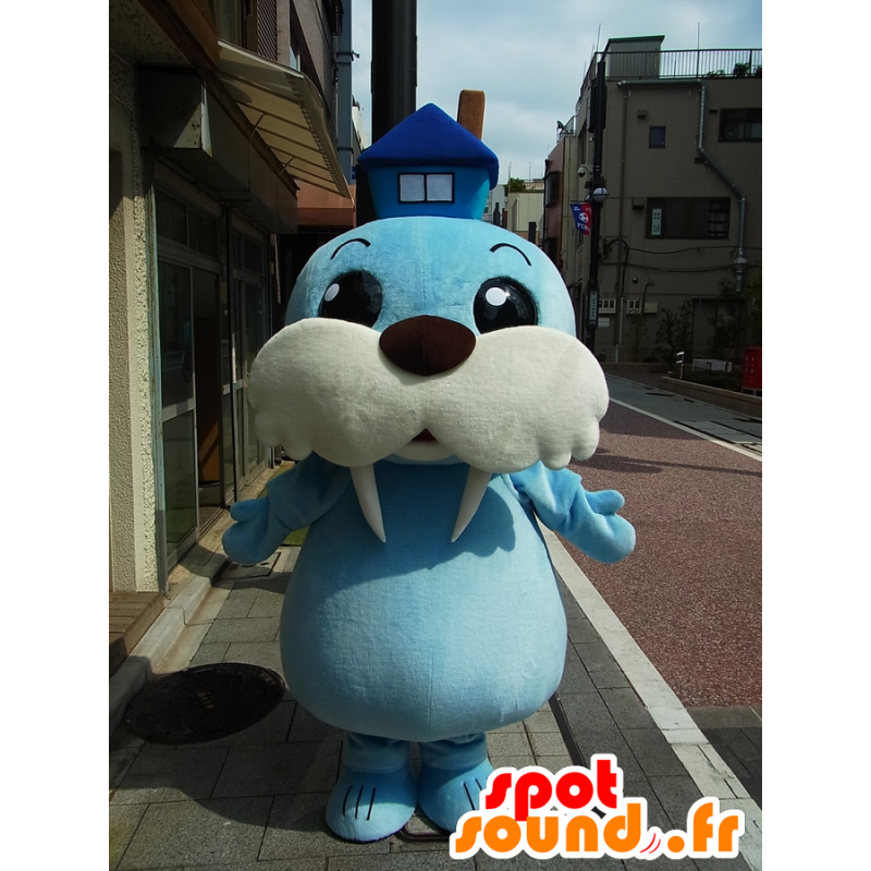 House-kun mascot, blue and white walrus with a house - MASFR27235 - Yuru-Chara Japanese mascots