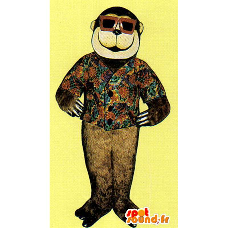 Brun ape maskot med en blomstrete vest og briller - MASFR007028 - Monkey Maskoter