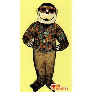 καφέ μασκότ πίθηκος με ένα ανθισμένο γιλέκο και γυαλιά - MASFR007028 - Πίθηκος Μασκότ