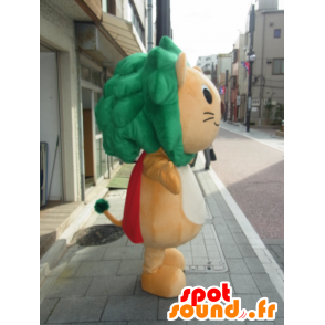 Chibami maskot, orange och vitt lejon med en grön man -