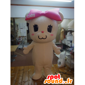 Mascot Bihakuma, hvit bamse med en rosa sløyfe - MASFR27257 - Yuru-Chara japanske Mascots