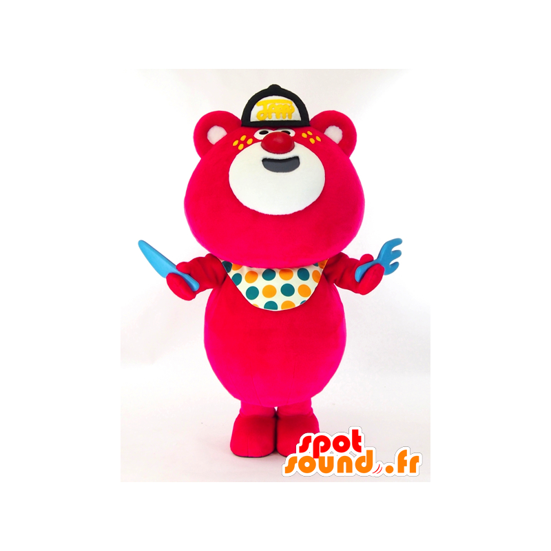 Kumaten Mascot, gran oso rojo y blanco con un babero - MASFR27260 - Yuru-Chara mascotas japonesas