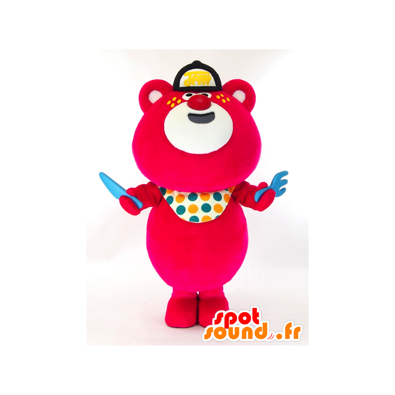 Mascotte de Kumaten, gros ours rouge et blanc avec un bavoir - MASFR27260 - Mascottes Yuru-Chara Japonaises