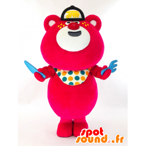 Kumaten Mascotte, grande orso bianco e rosso con un bavaglino - MASFR27260 - Yuru-Chara mascotte giapponese