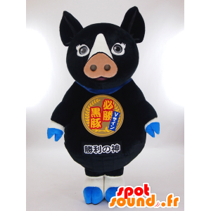 Schwarz-Weiß-Schwein-Maskottchen mit einer Medaille auf dem Bauch - MASFR27265 - Yuru-Chara japanischen Maskottchen