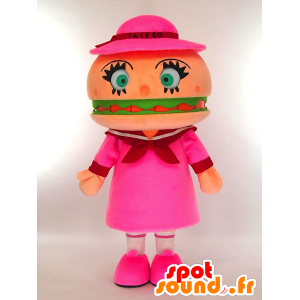 Maskotti Sasebonoboko-chan pukeutunut hampurilainen jättiläinen vaaleanpunainen - MASFR27266 - Mascottes Yuru-Chara Japonaises