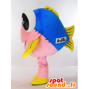 A-ji tour-kun maskot, kæmpe lyserød, gul og blå fisk -