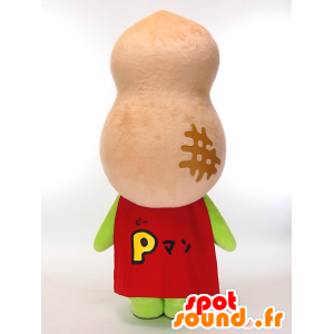 Maskot P Mand, kæmpe beige jordnødd med en rød kappe -