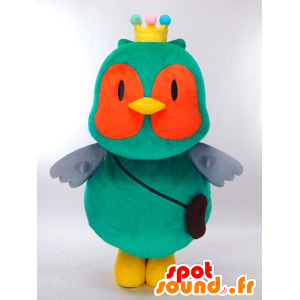Sanlabo maskot, orange och gulgrön uggla med en krona -