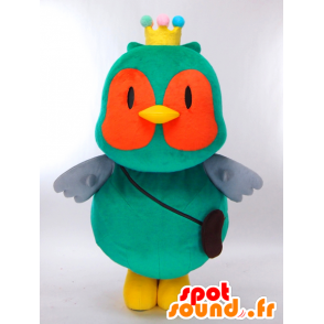 Sanlabo maskot, orange och gulgrön uggla med en krona -