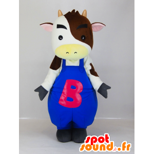 Witte koe mascotte en bruine blauwe overalls - MASFR27285 - Yuru-Chara Japanse Mascottes