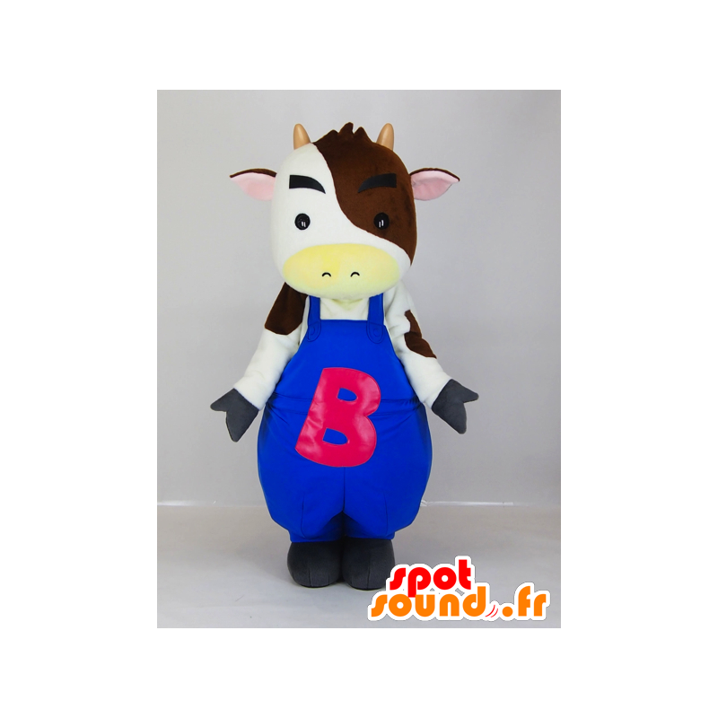 White cow mascot in blue overalls and brown - MASFR27285 - Yuru-Chara Japanese mascots