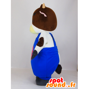 Mascotte de vache blanche et marron en salopette bleue - MASFR27285 - Mascottes Yuru-Chara Japonaises