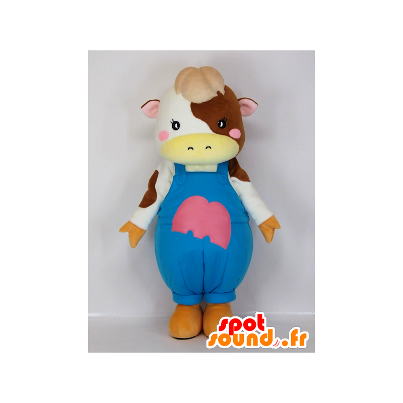 Mascotte de Melken koe, vache marron et blanche en salopette - MASFR27286 - Mascottes Yuru-Chara Japonaises