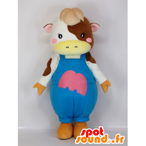 Mascotte de Melken koe, vache marron et blanche en salopette - MASFR27286 - Mascottes Yuru-Chara Japonaises