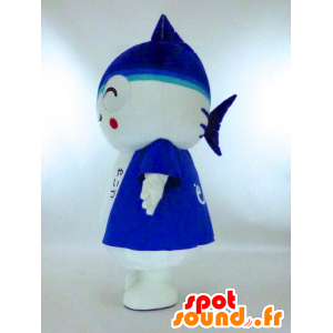 Yai-chan maskot, blå och vit haj med en blå tunika - Spotsound