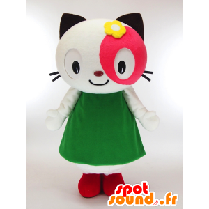 Popo-chan mascotte, gatto bianco e rosa con un abito verde - MASFR27301 - Yuru-Chara mascotte giapponese