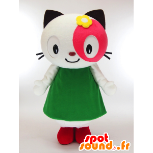 Popo-chan maskot, hvid og lyserød kat med en grøn kjole -