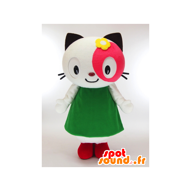 Mascotte de Popo-chan, chat blanc et rose avec une robe vert - MASFR27301 - Mascottes Yuru-Chara Japonaises