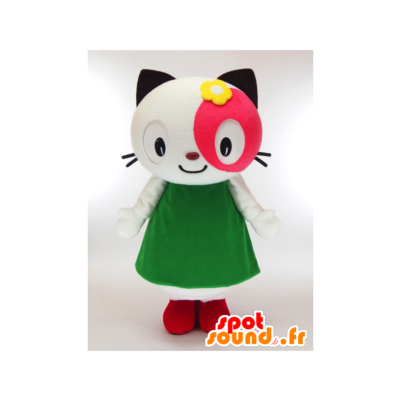 Popo-chan mascote, gato cor de rosa e branco com um vestido verde - MASFR27301 - Yuru-Chara Mascotes japoneses