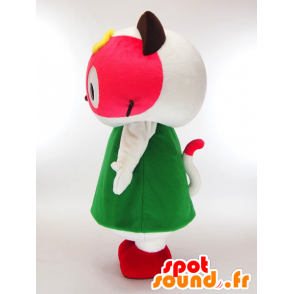 Popo-chan Maskottchen, rosa und weiße Katze mit einem grünen Kleid - MASFR27301 - Yuru-Chara japanischen Maskottchen
