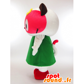 Popo-chan mascotte, gatto bianco e rosa con un abito verde - MASFR27301 - Yuru-Chara mascotte giapponese