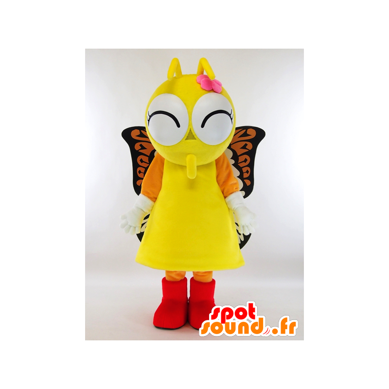 Keltainen perhonen maskotti, oranssi ja musta suuret silmät - MASFR27304 - Mascottes Yuru-Chara Japonaises