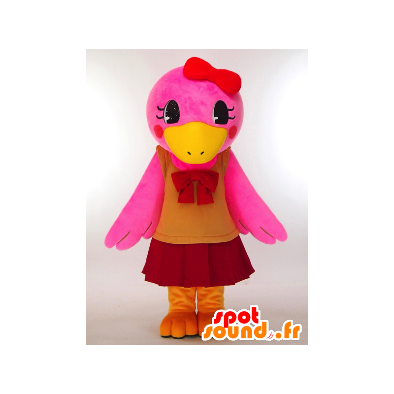 Wing-chan maskot, rosa anka klädd i en vacker klänning -