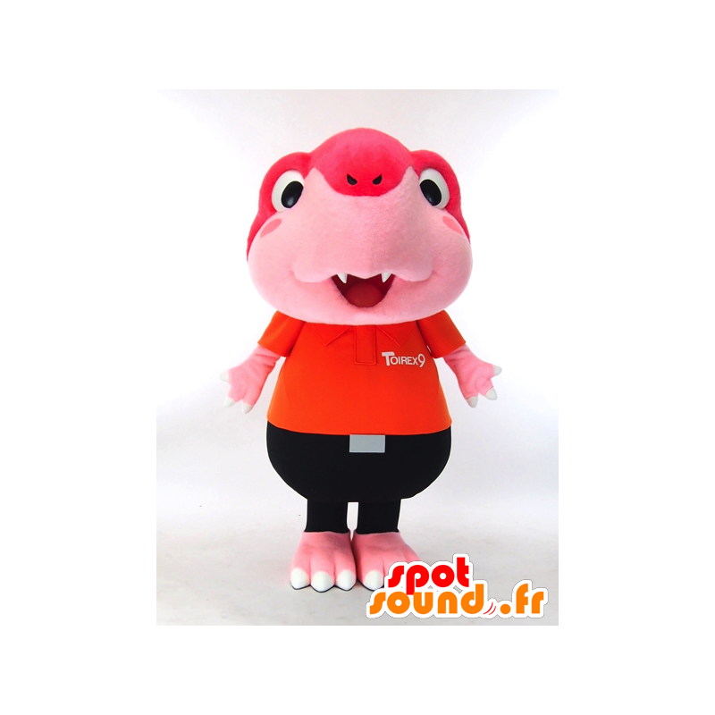 Mascotte de Toirex9, dinosaure rose habillé en orange et noir - MASFR27321 - Mascottes Yuru-Chara Japonaises